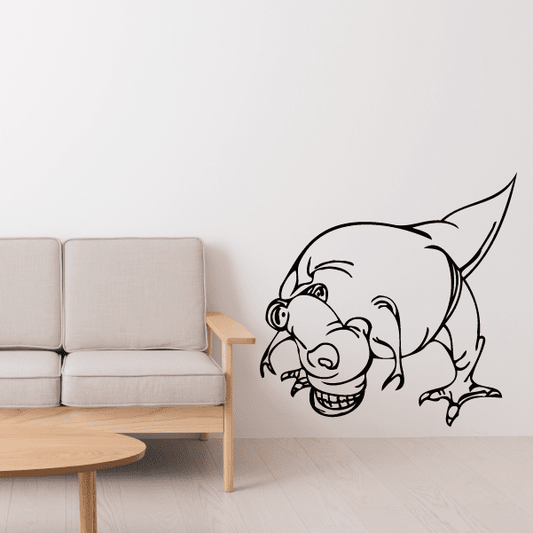 Goofy tyrannosaurus wall decal with open mouth and playful grin, black outline