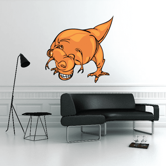 Goofy T-rex sticker: orange cartoon dinosaur with open mouth, big smile, vinyl decal