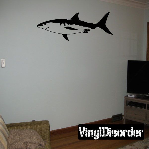Great white shark wall decal, black silhouette with detailed fins and tail