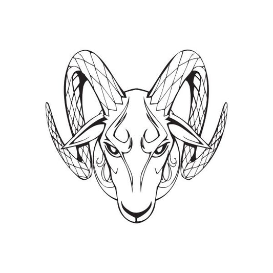 Ram head decal, black and white line art with curved horns and stylized face