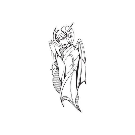 Succubus character decal, black-and-white line art of a winged woman in a dress
