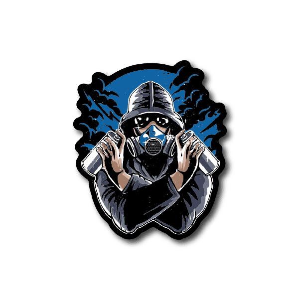 Graffiti-style vinyl sticker of an artist wearing a gray gas mask and cap, blue accents