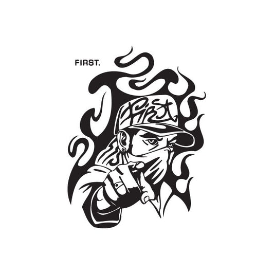 Graffiti character decal with stylized black-and-white face, hat, and flame accents