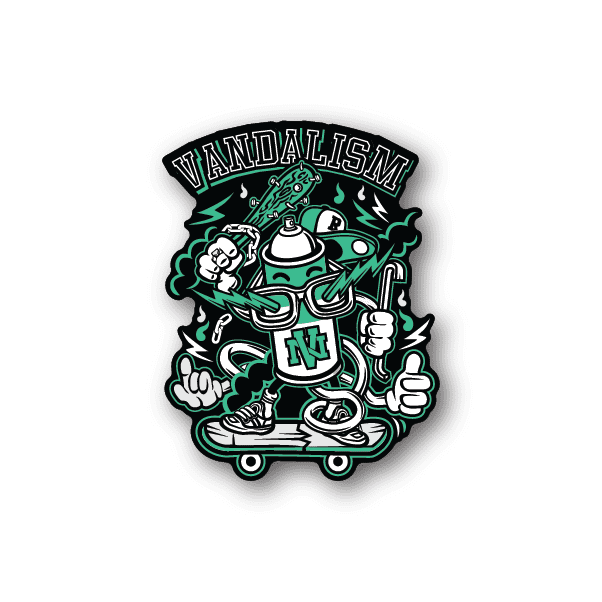 Vinyl sticker with circular graffiti design, green VANDALISM text and skateboard character