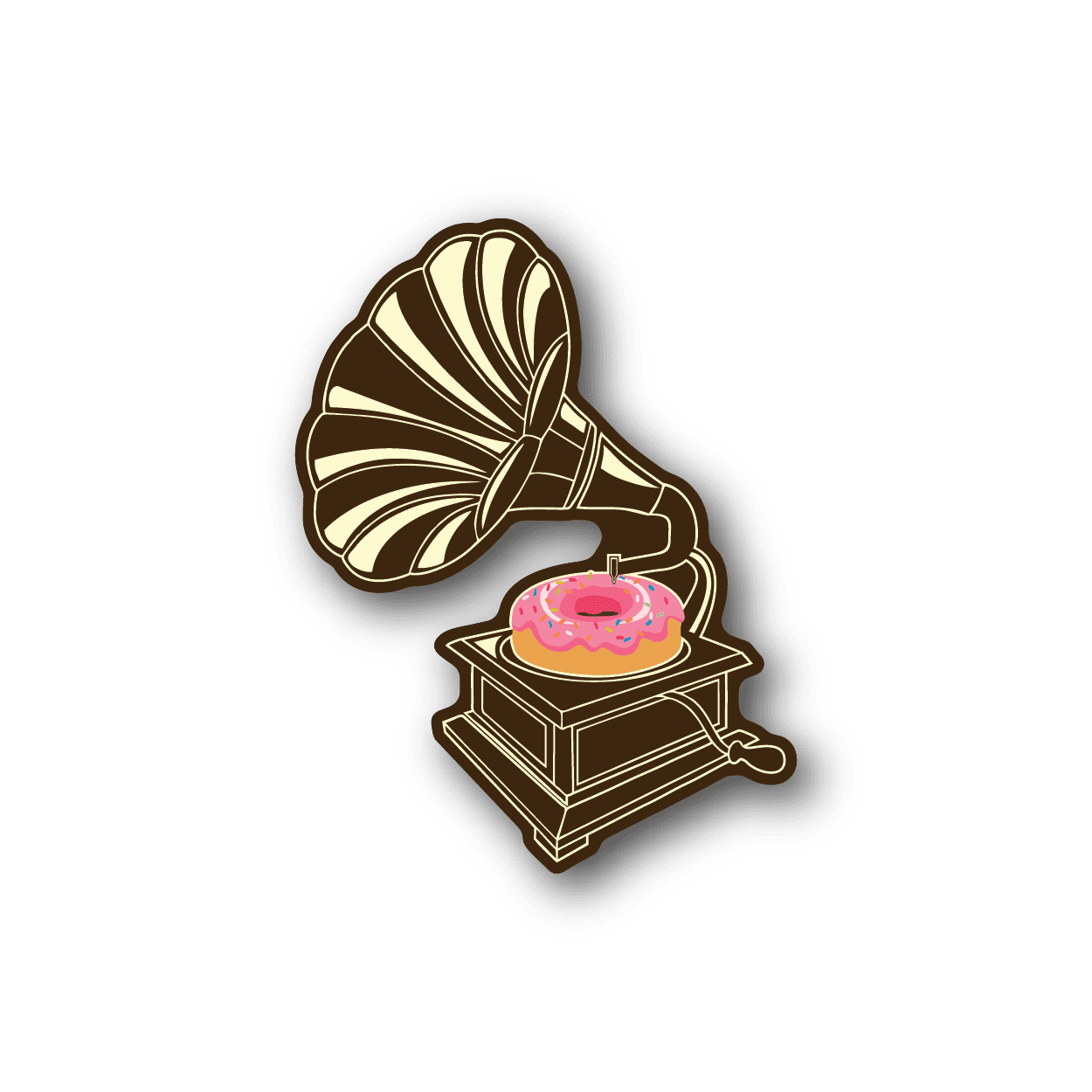 Gramophone vinyl donut sticker with pink glazed donut on a gold gramophone horn