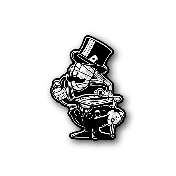 Gramophone head vinyl sticker with cartoon character holding a record