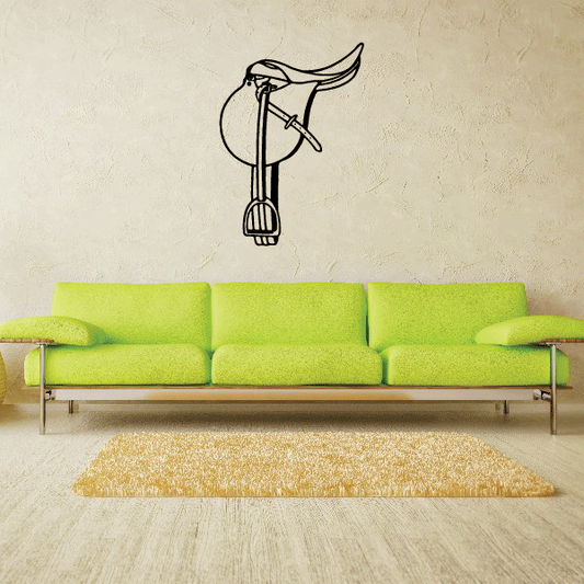 Horse jumping saddle decal, black line art on light wall