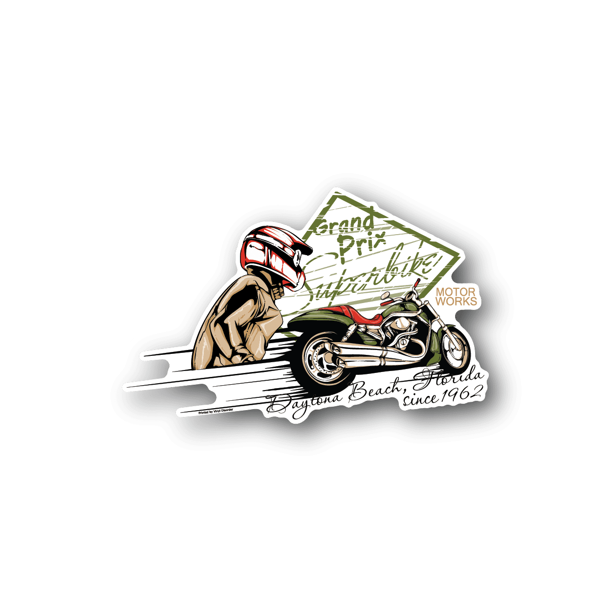 Vinyl racing sticker with rider and sport motorcycle, green and red accents, text logo