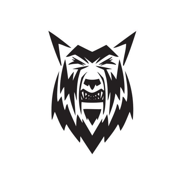 Wolf head decal, black-and-white graphic with sharp triangular outline