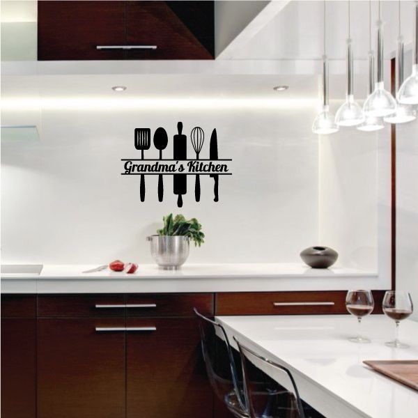 Kitchen wall decal with black utensils and cursive “Grandma's Kitchen” lettering