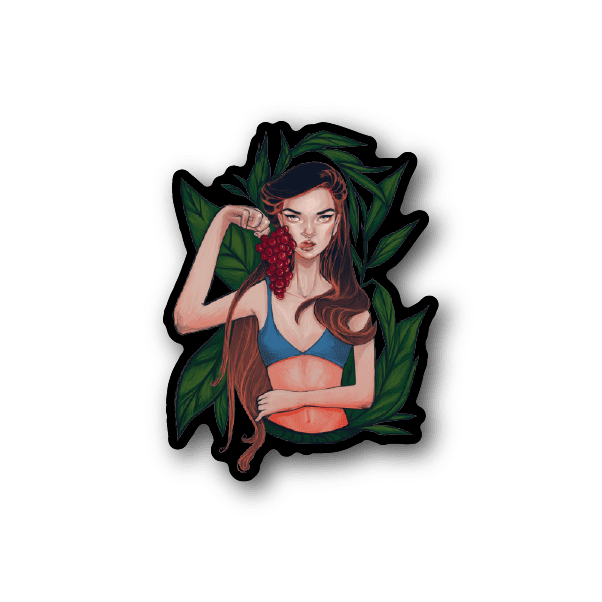 Vinyl sticker of a girl with grapes in her hair and green leaves