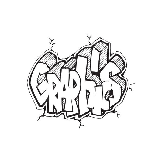 Graffiti decal with bold black and white tag lettering