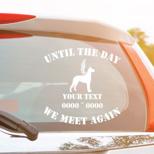 Memorial car decal with winged great dane silhouette and text 'We meet again'