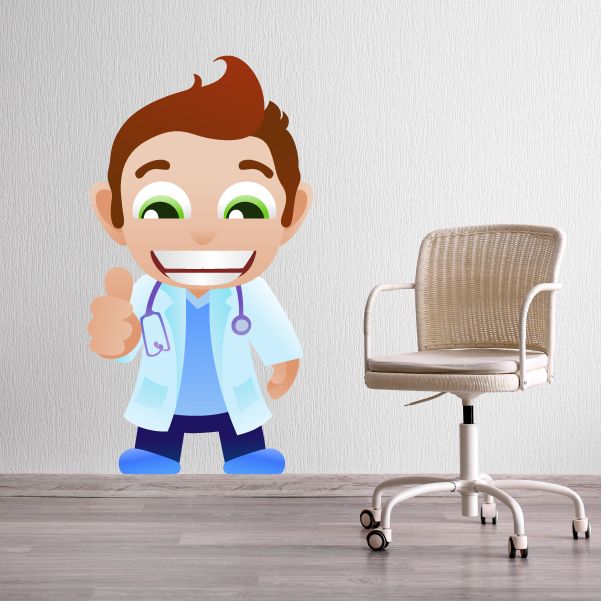 Doctor cartoon sticker with green eyes, smile, blue scrubs, and stethoscope.