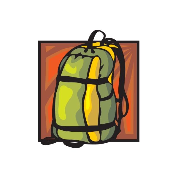 Camping backpack sticker in green and yellow with black straps