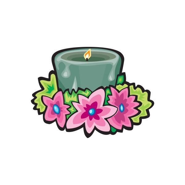 Green candle sticker with pink and purple flowers and a small orange flame