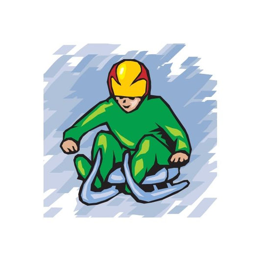 Green luge rider sticker with yellow helmet and green suit, crouched pose