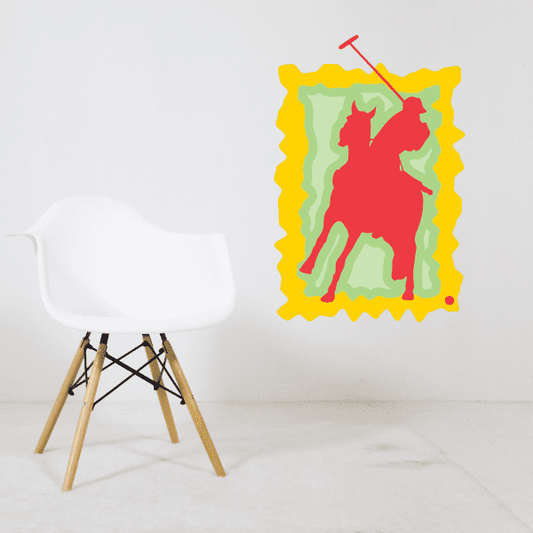 Colorful horse sticker with red and green horse on yellow scalloped border