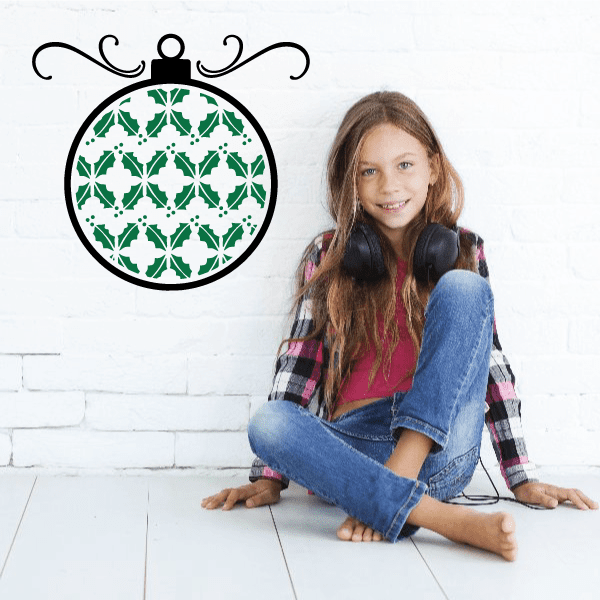 Green circular ornament patterned die-cut decal with white motif and black outline