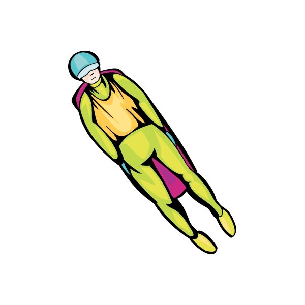 Luge rider decal with yellow, green, and pink racing suit and blue helmet