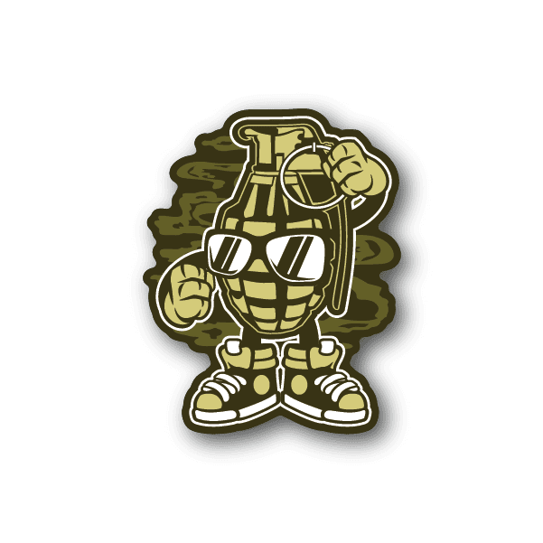 Cartoon grenade-man vinyl sticker of armored figure holding a grenade