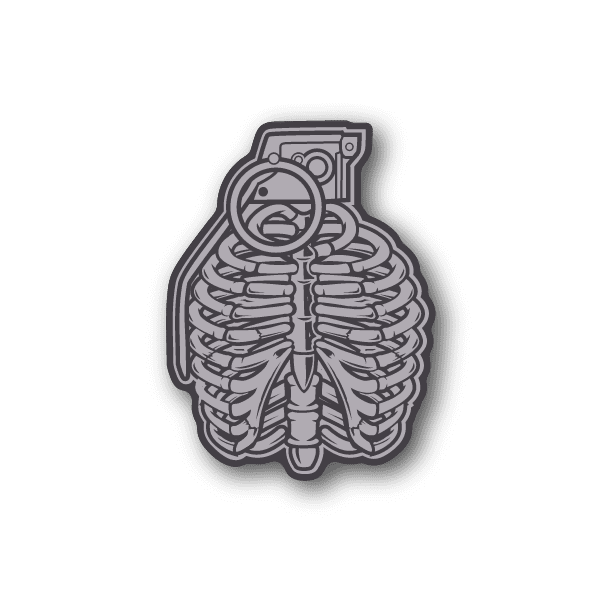 Vinyl sticker of grenade with ribcage skeleton design, gray outline