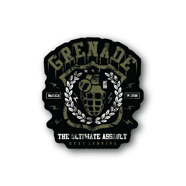 Military grenade vinyl sticker with circular emblem, laurel wreath, skull and banner