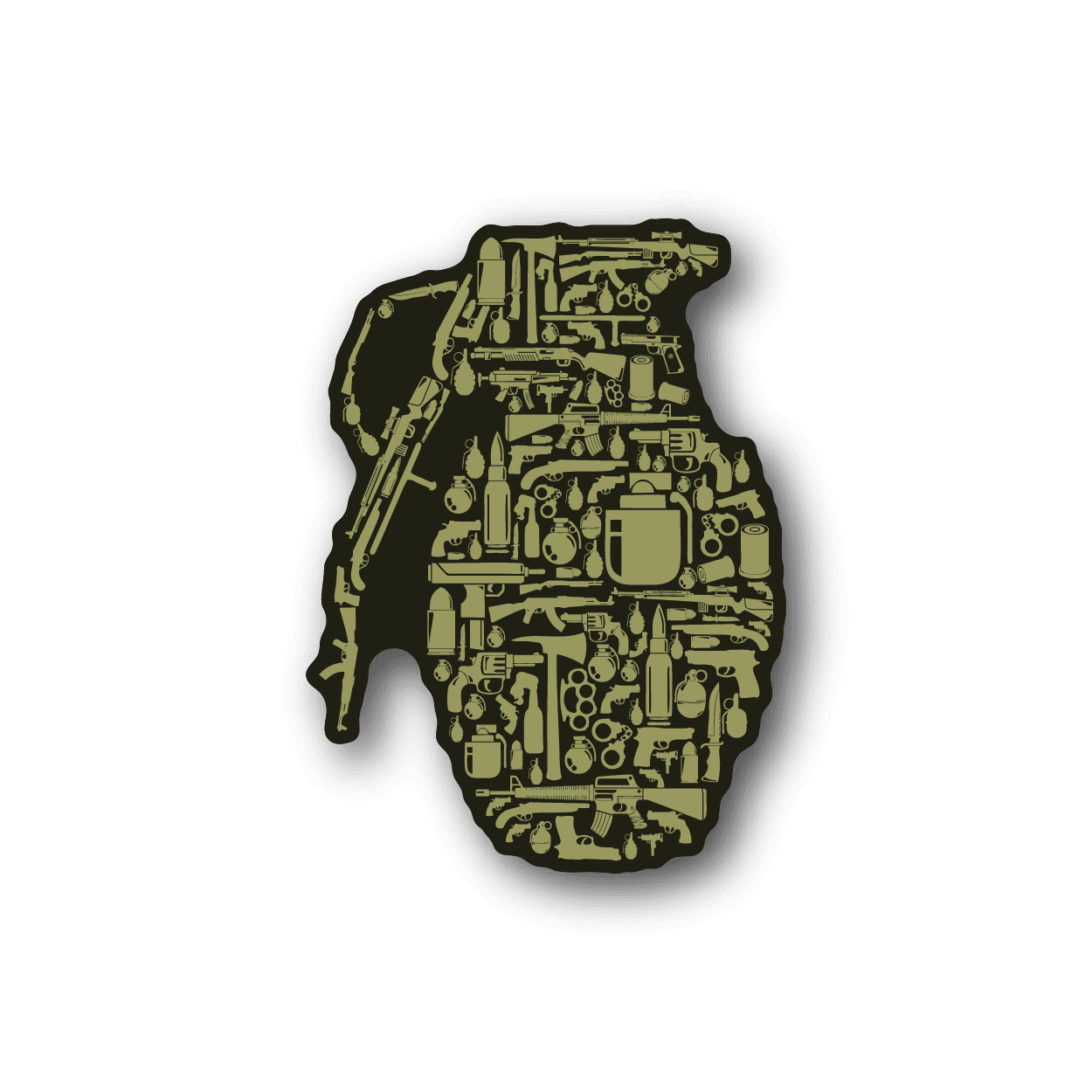 Vinyl sticker with olive green weapons collage grenade silhouette
