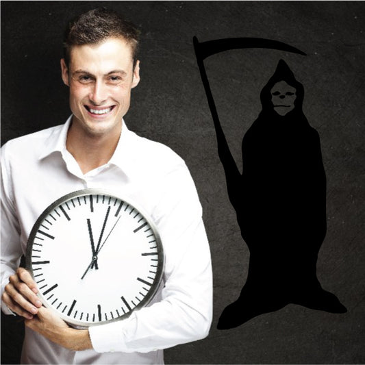 Clock in hand with a Grim Reaper illustration