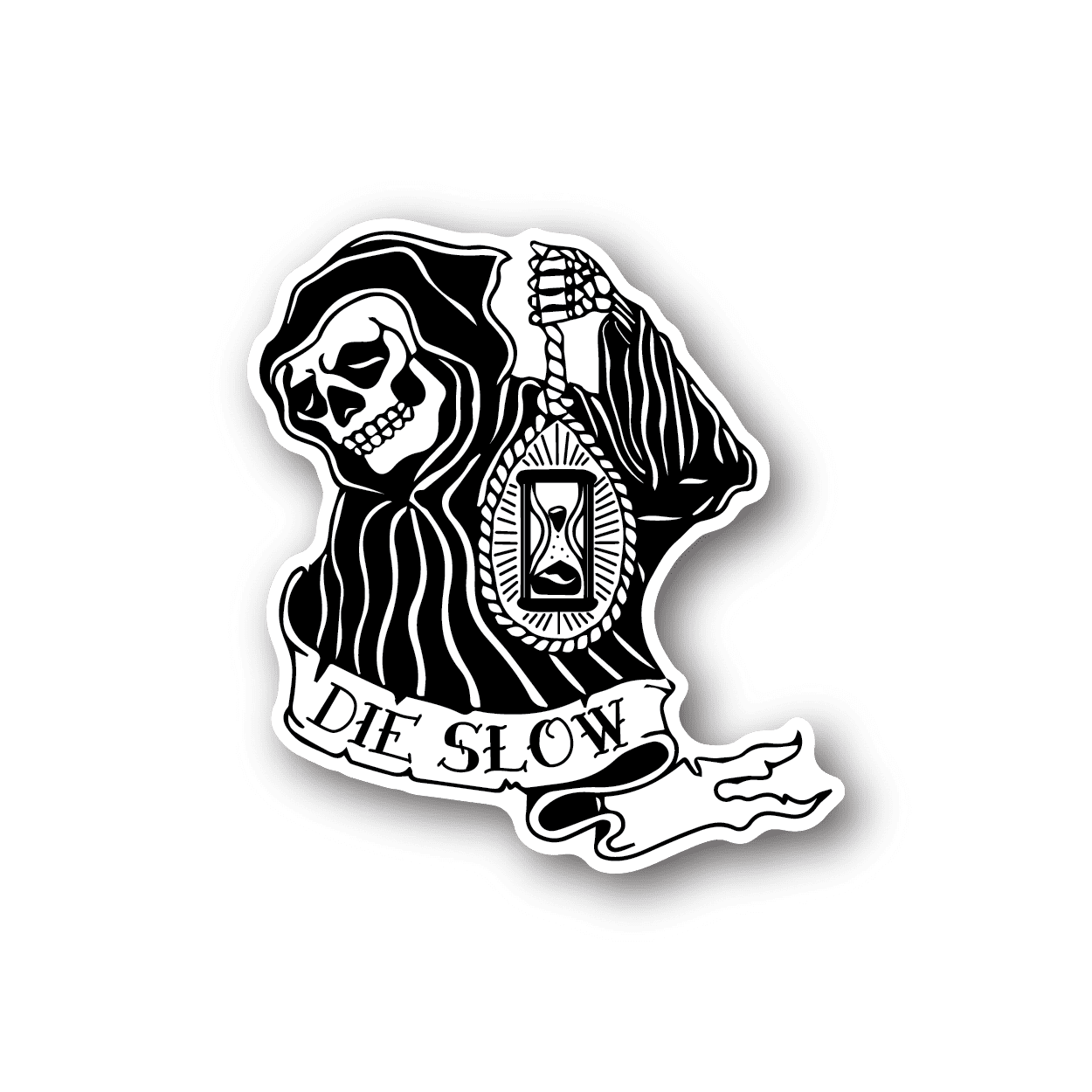 Grim Reaper die slow vinyl sticker, white outline skeleton and 'DIE SLOW' text