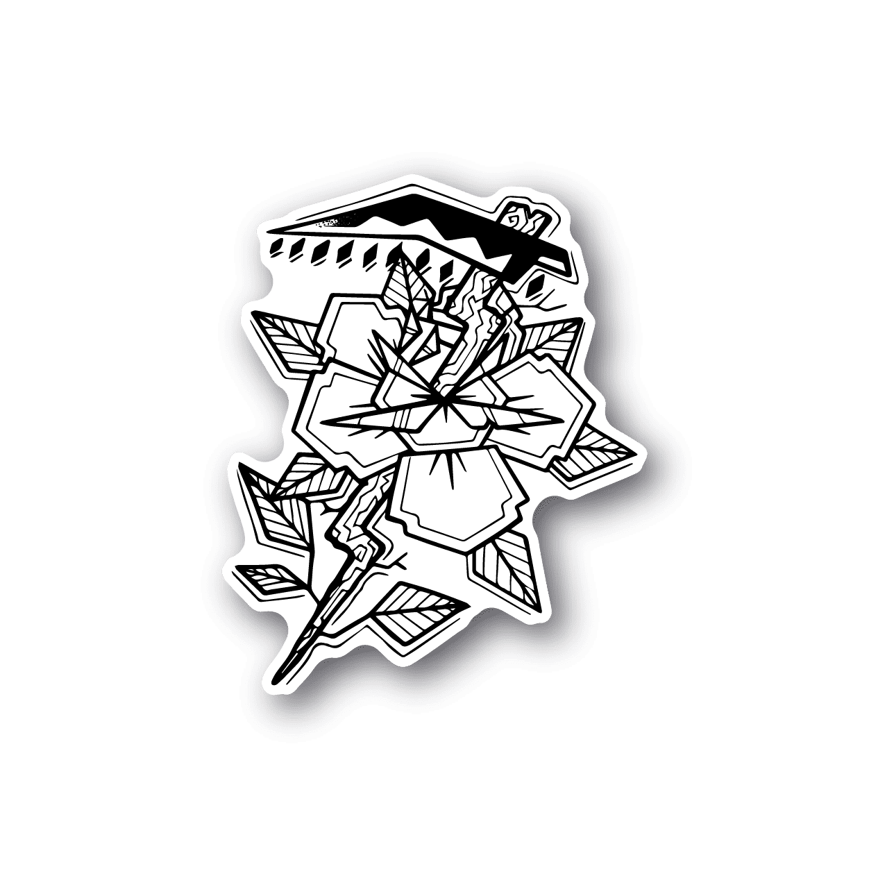 Vinyl sticker featuring grim reaper and flower, white outline