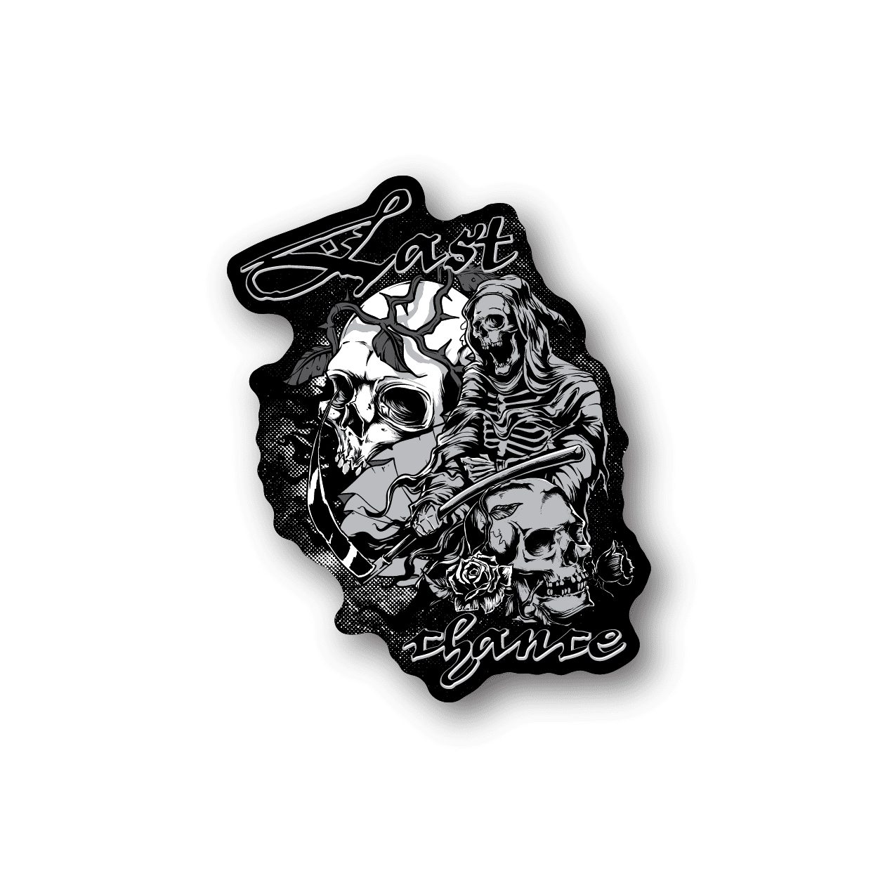 Grim reaper vinyl sticker with skull, scythe, 'Last chance' text