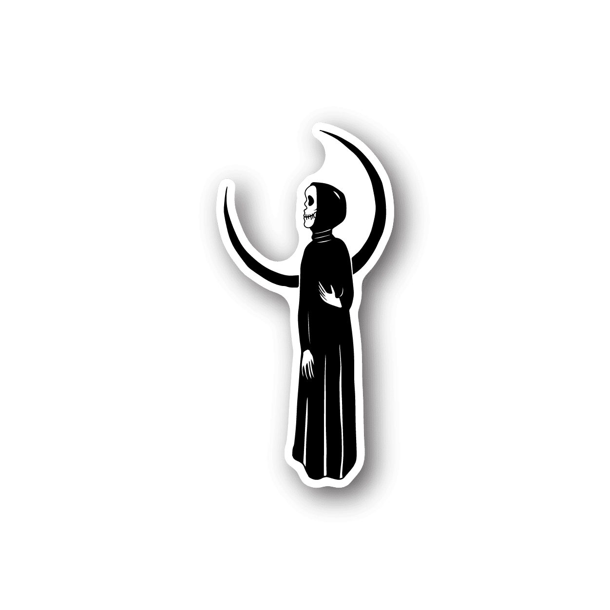 Grim reaper vinyl sticker, black and white hooded figure with crescent moon accents