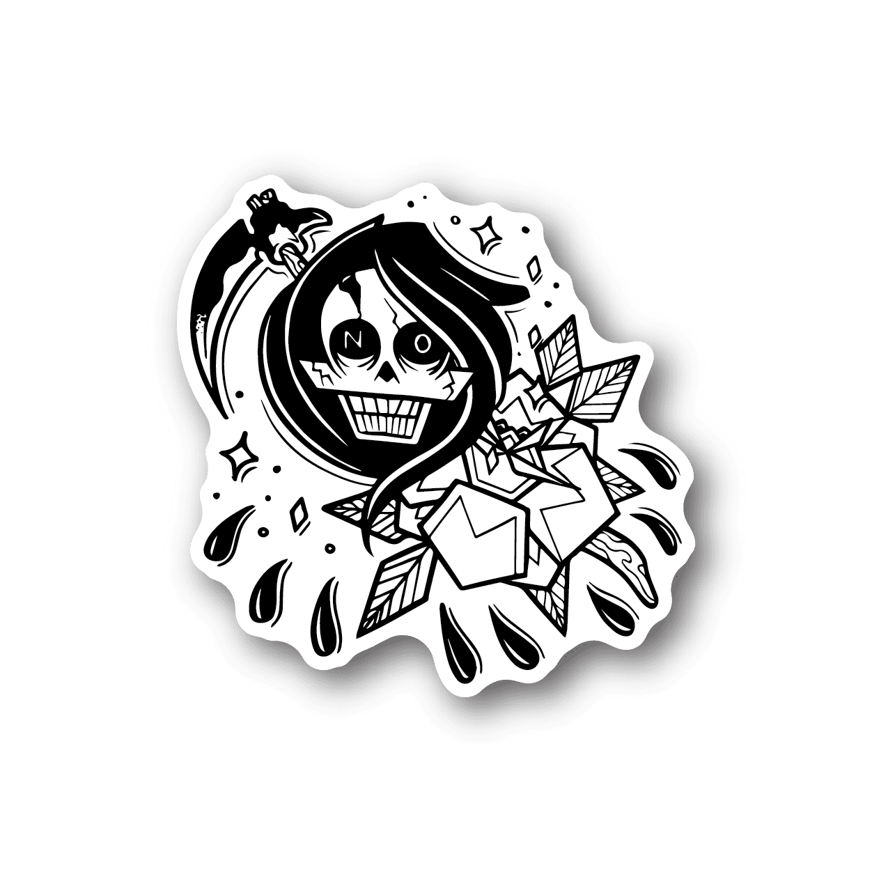 Die-cut grim reaper sticker with black-and-white skull and scythe design