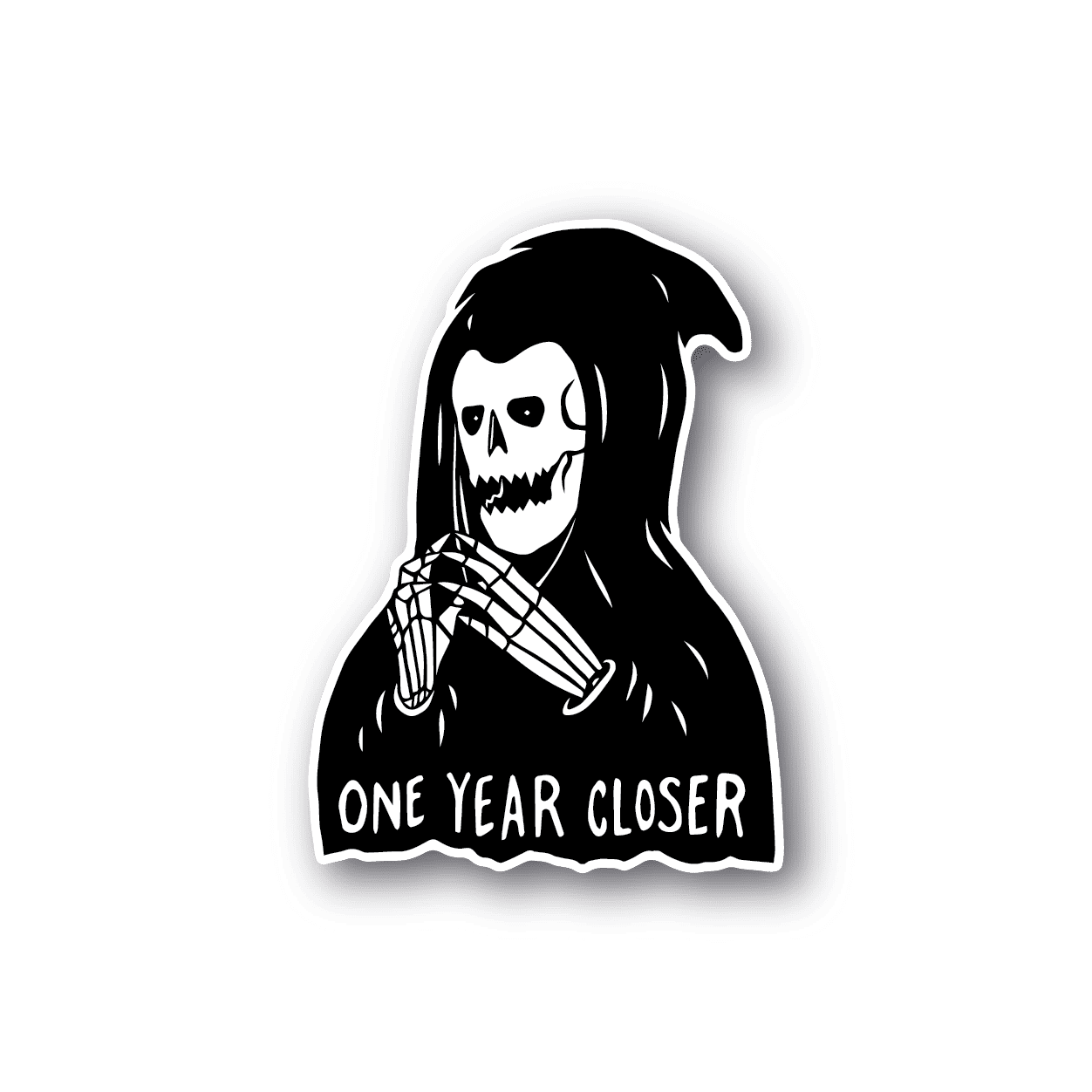 Vinyl sticker: hooded grim reaper skull with 'ONE YEAR CLOSER' text
