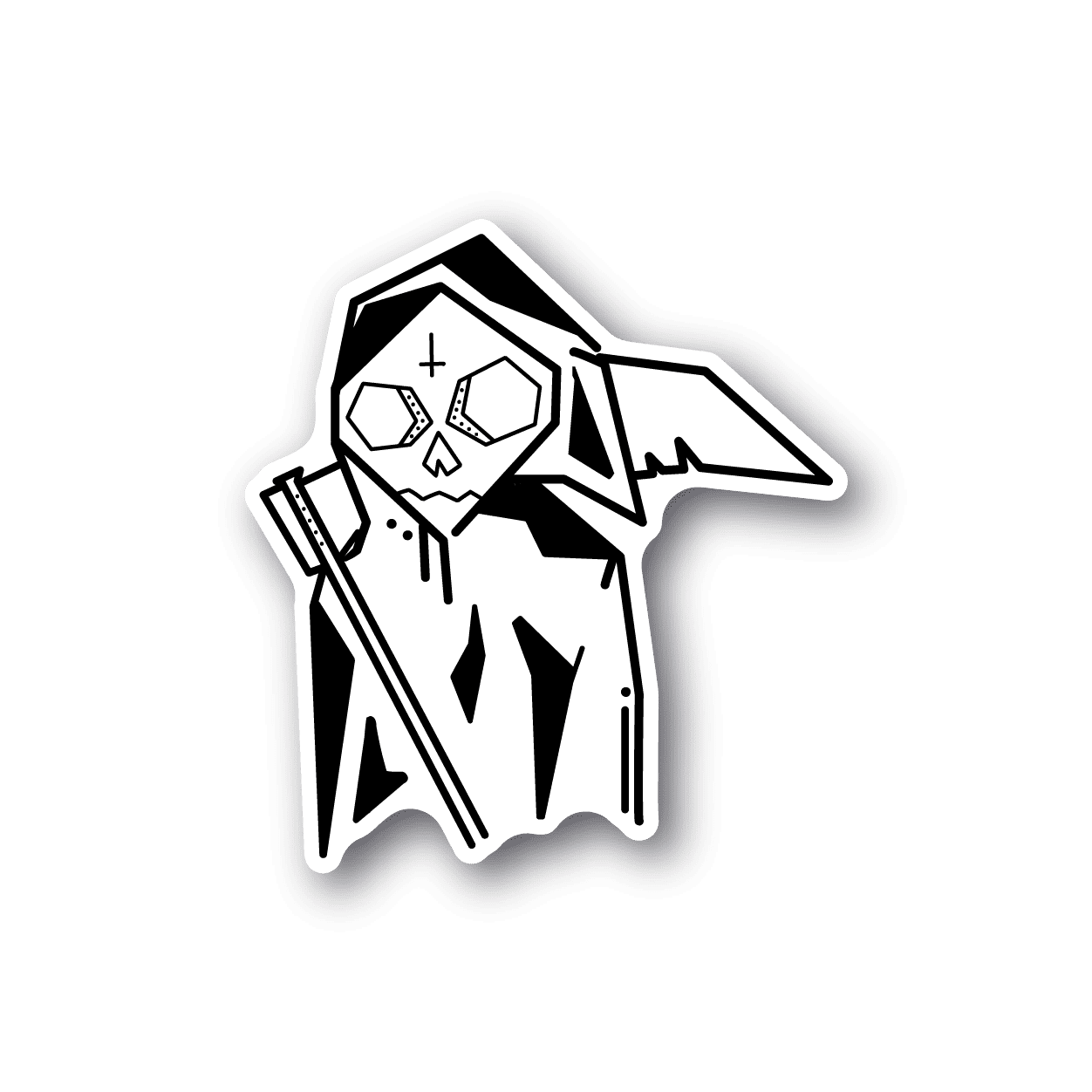 White grim reaper tattoo vinyl sticker, skull-faced reaper figure with scythe