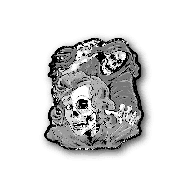 Vinyl sticker of grim reaper holding a distressed woman and skull