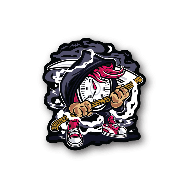 Vinyl sticker with cartoon grim reaper figure, skull face, scythe and hooded cloak