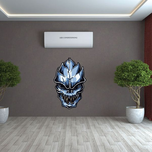 Alien skull sticker with grinning face, blue and black outline