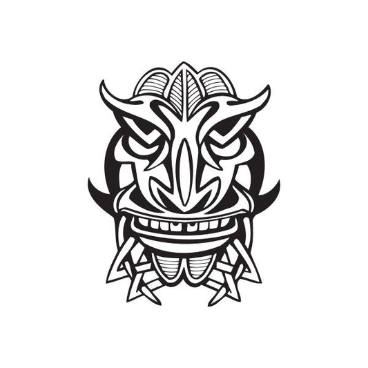 Grinning tiki decal with black tribal face line art