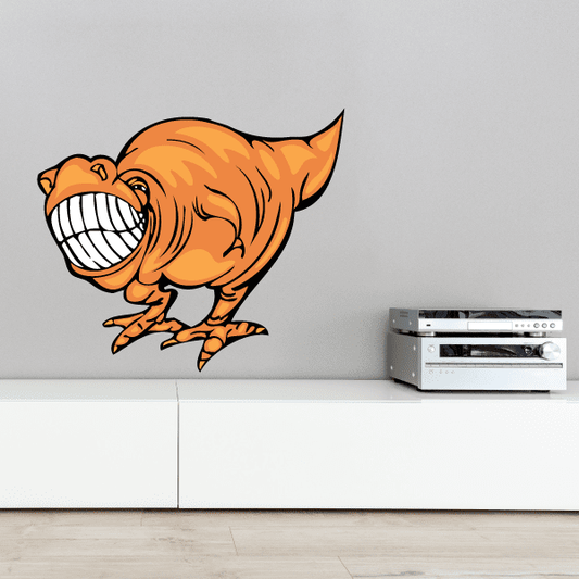 Orange grinning T-rex sticker with open mouth and visible white teeth