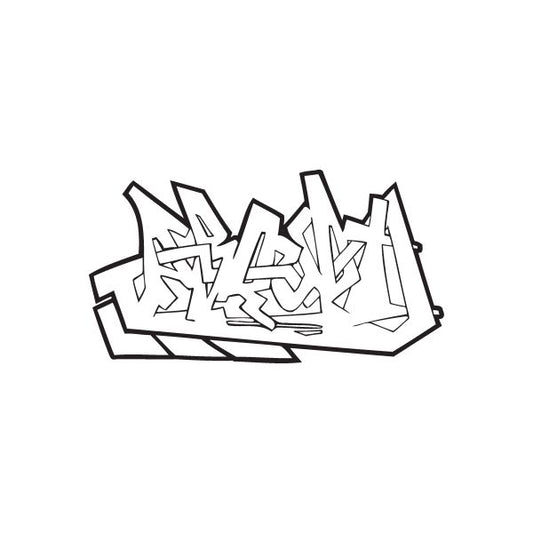 Graffiti-style decal with black outline and white geometric shapes