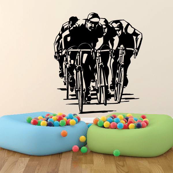 Bike cyclists wall decal featuring a group of riders in black silhouettes