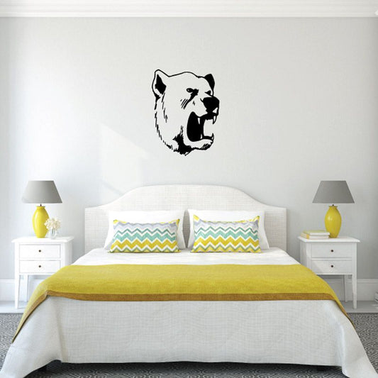 Growling bear face vinyl wall decal, black and white roaring expression