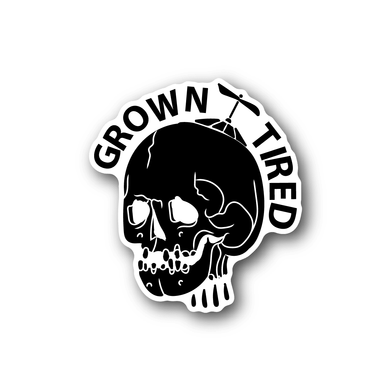Vinyl sticker with white skull and circular 'Grown Tired' lettering