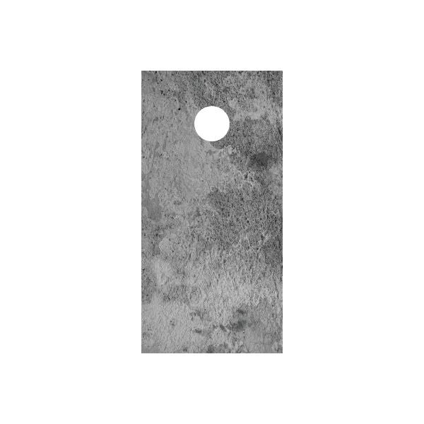 Cornhole board wrap with gray grunge texture and round cutout near top center
