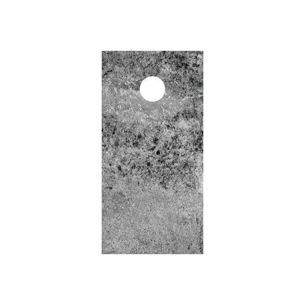 Grunge cornhole board wrap with circular cutout, dark gray textured finish