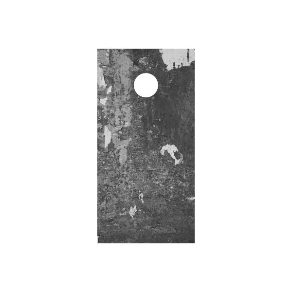 Grunge cornhole board wrap with distressed gray-black texture and round hole
