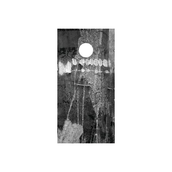 Grunge cornhole board wrap with distressed black and gray texture, round hole cutout
