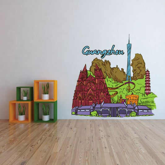 Guangzhou skyline wall sticker, colorful red buildings, blue tower, green accents.